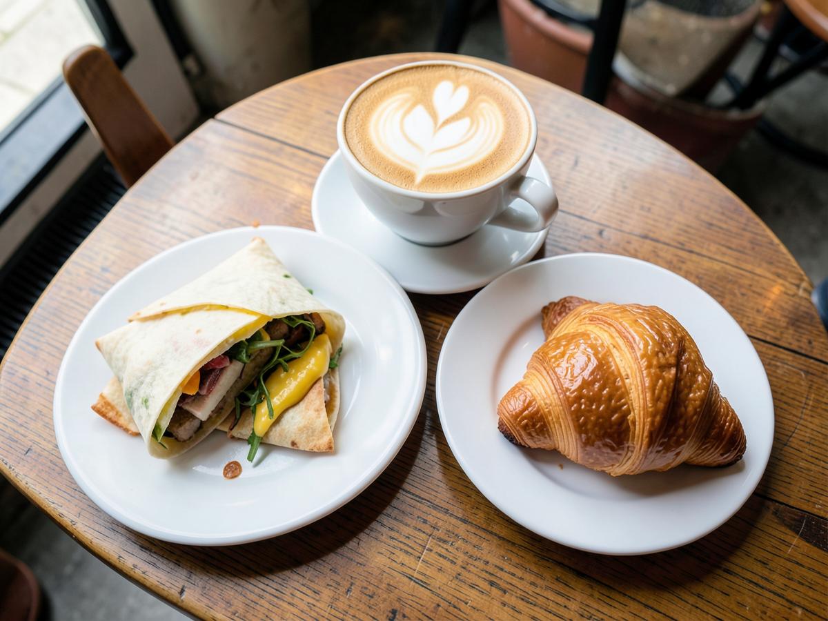 Breakfast wrap, coffee and croissant